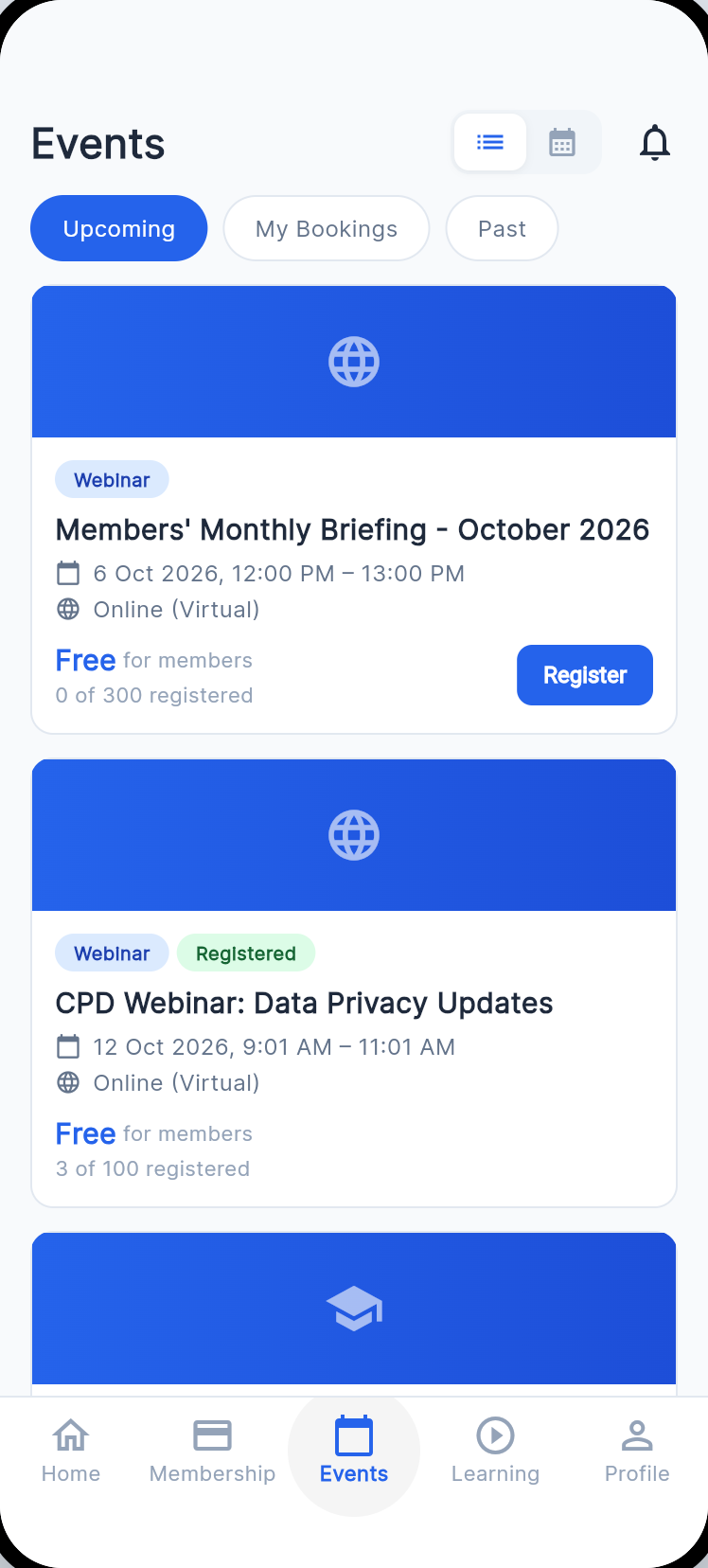 Upcoming events with one-tap registration