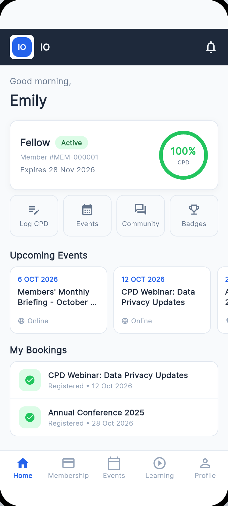 The app home screen: membership status, CPD ring, upcoming events and bookings