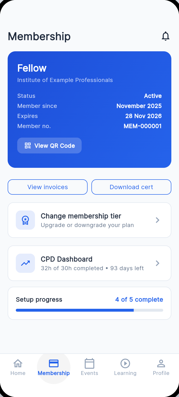 The digital membership card in the organisation’s colours